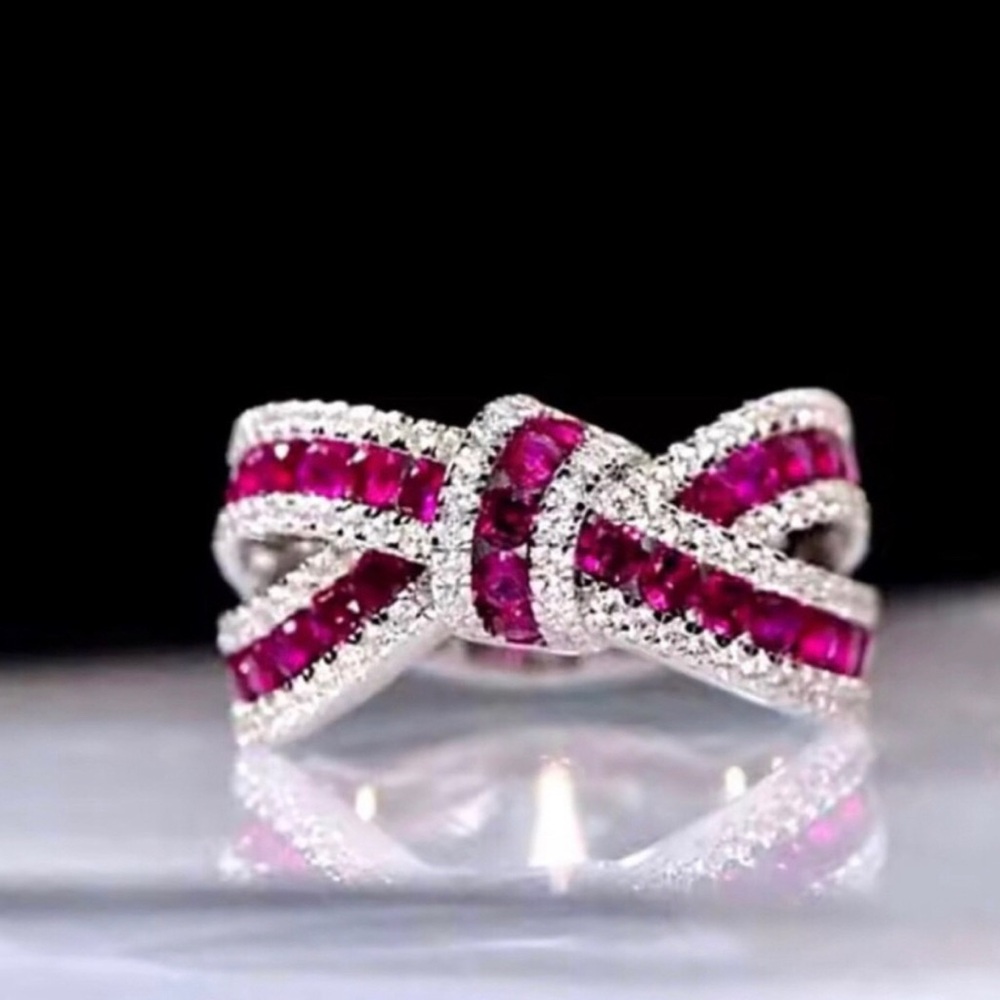 Elegant Pink Ruby Bow Ring in Silver - Picture 1 of 1